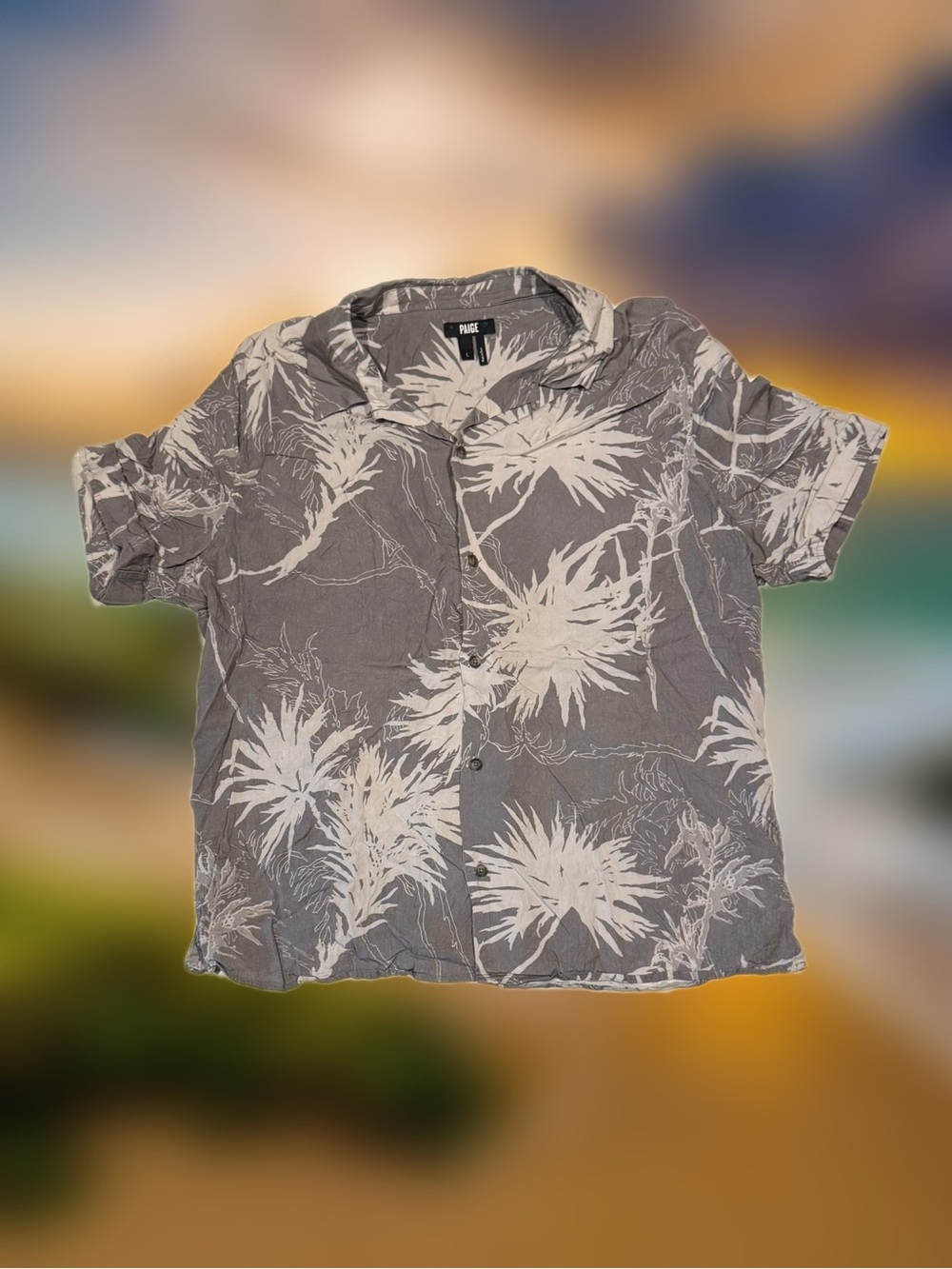 PAIGE Men’s Size Large Gray White Floral Hawaiian Button-Up Short Sleeve Shirt